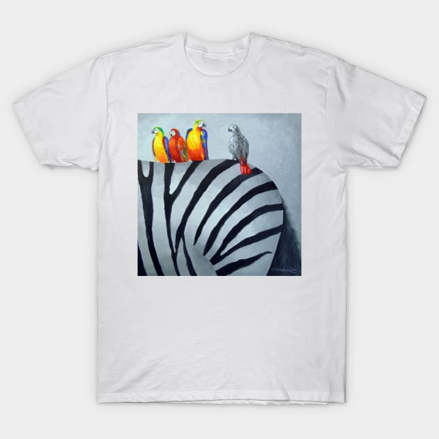 Parrots on zebra T-Shirt by OLHADARCHUKART